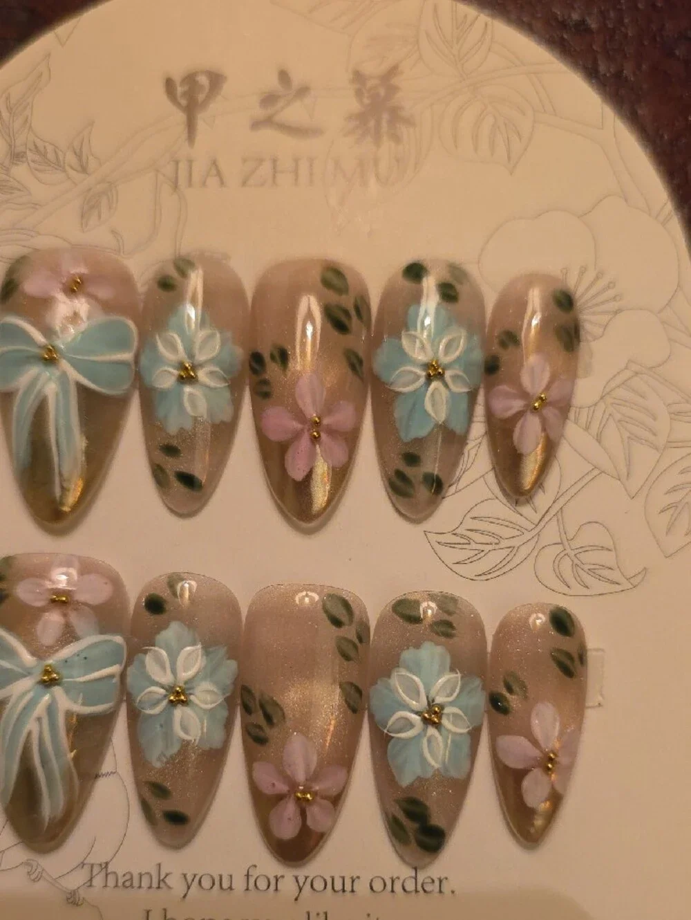 Floral Press-On Nails - Pink & Blue Size Large